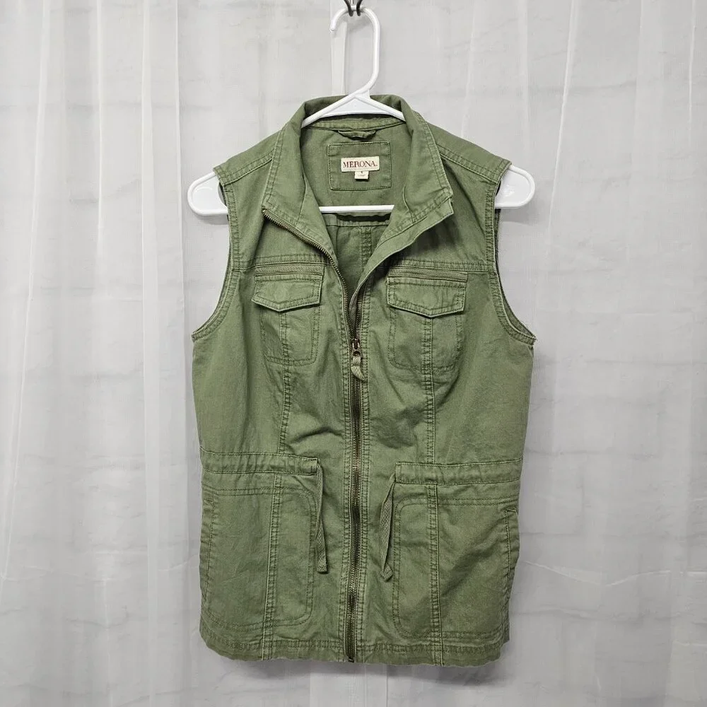 Merona Vest Olive Green Utility Gorpcore Zip Hiking Military Punk S - Picture 9 of 12